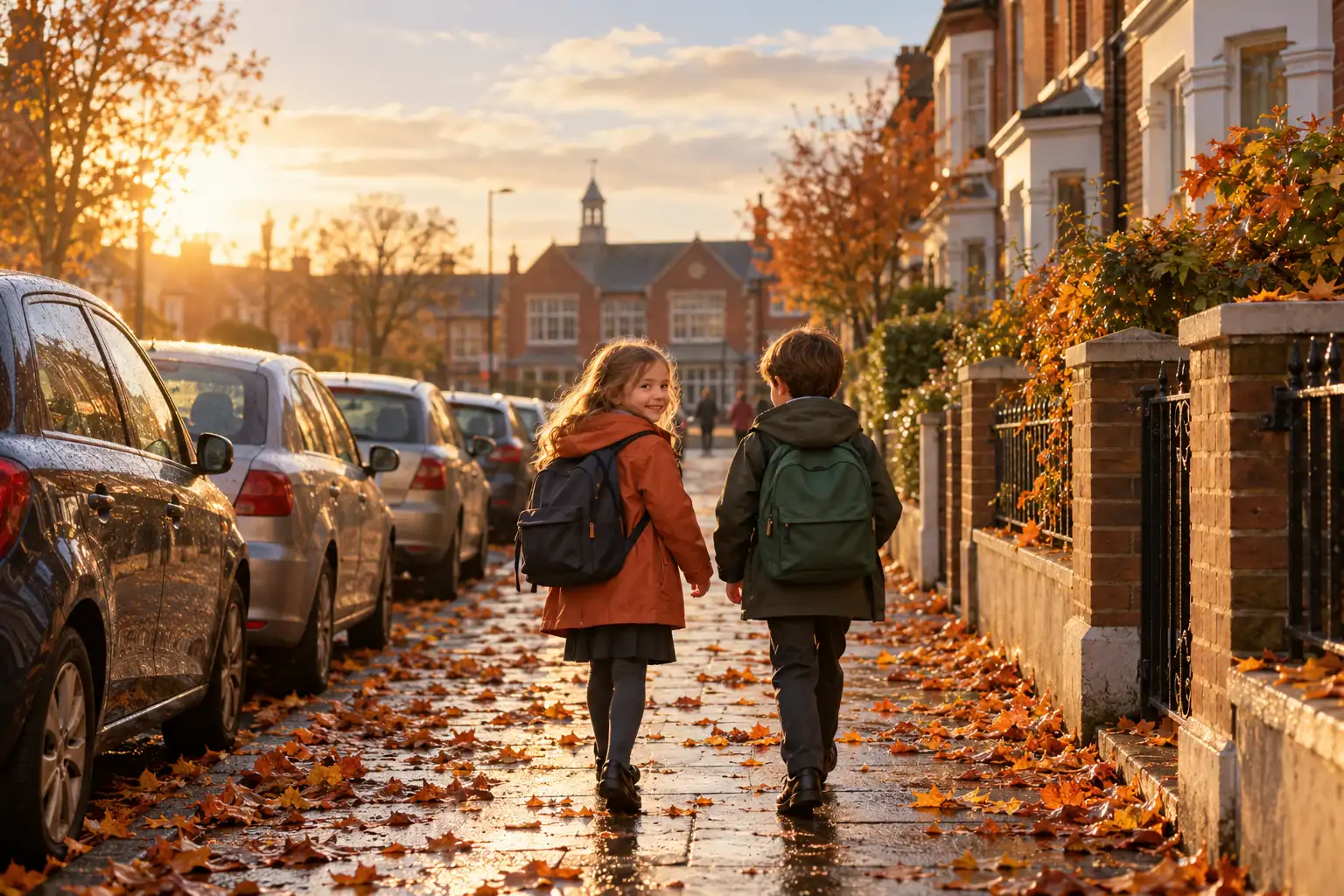 Two children with school bags walking along a leafy terraced street towards school.