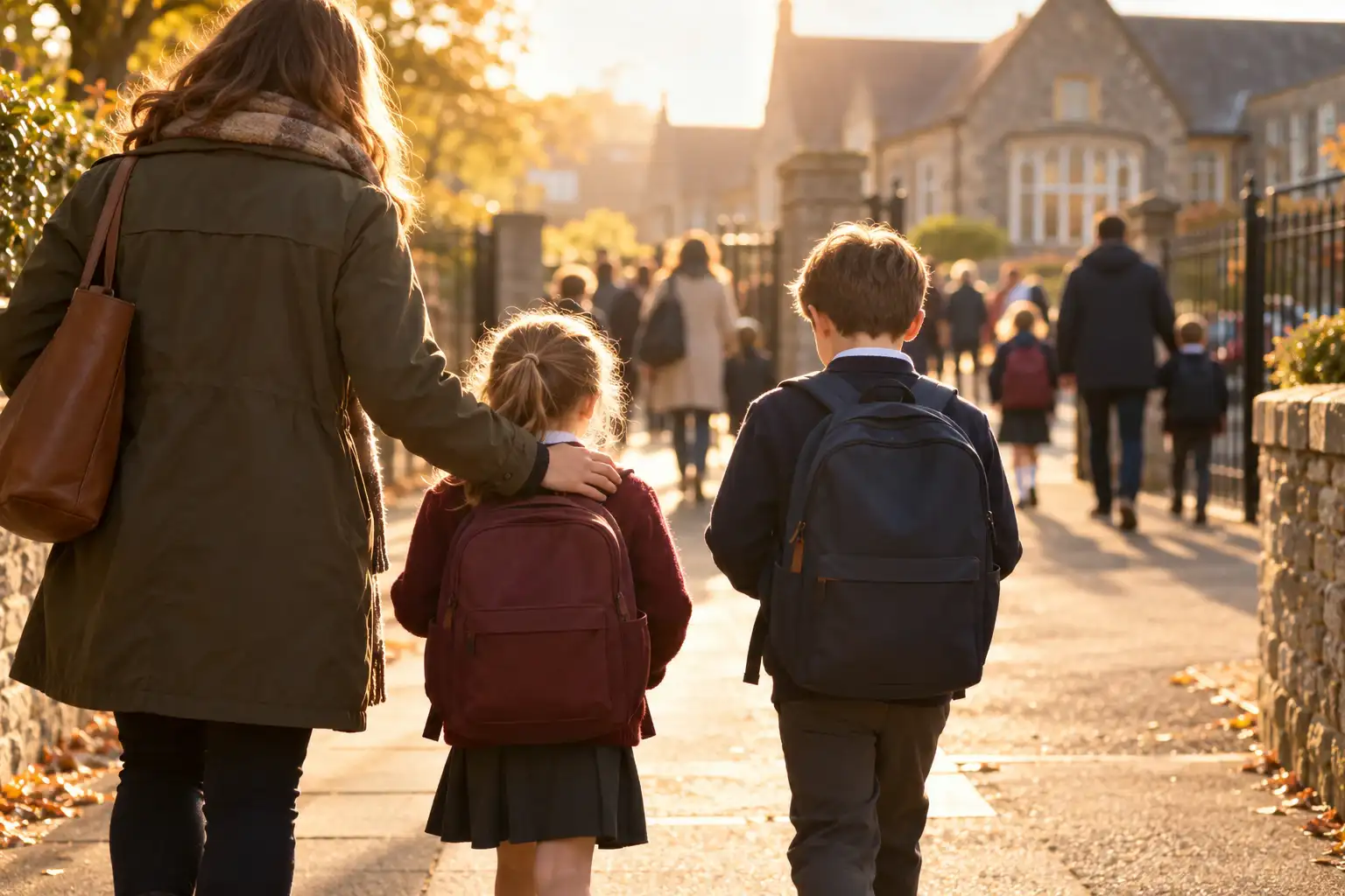 A parent walking two children in school uniform towards a school gate in the morning sun.
