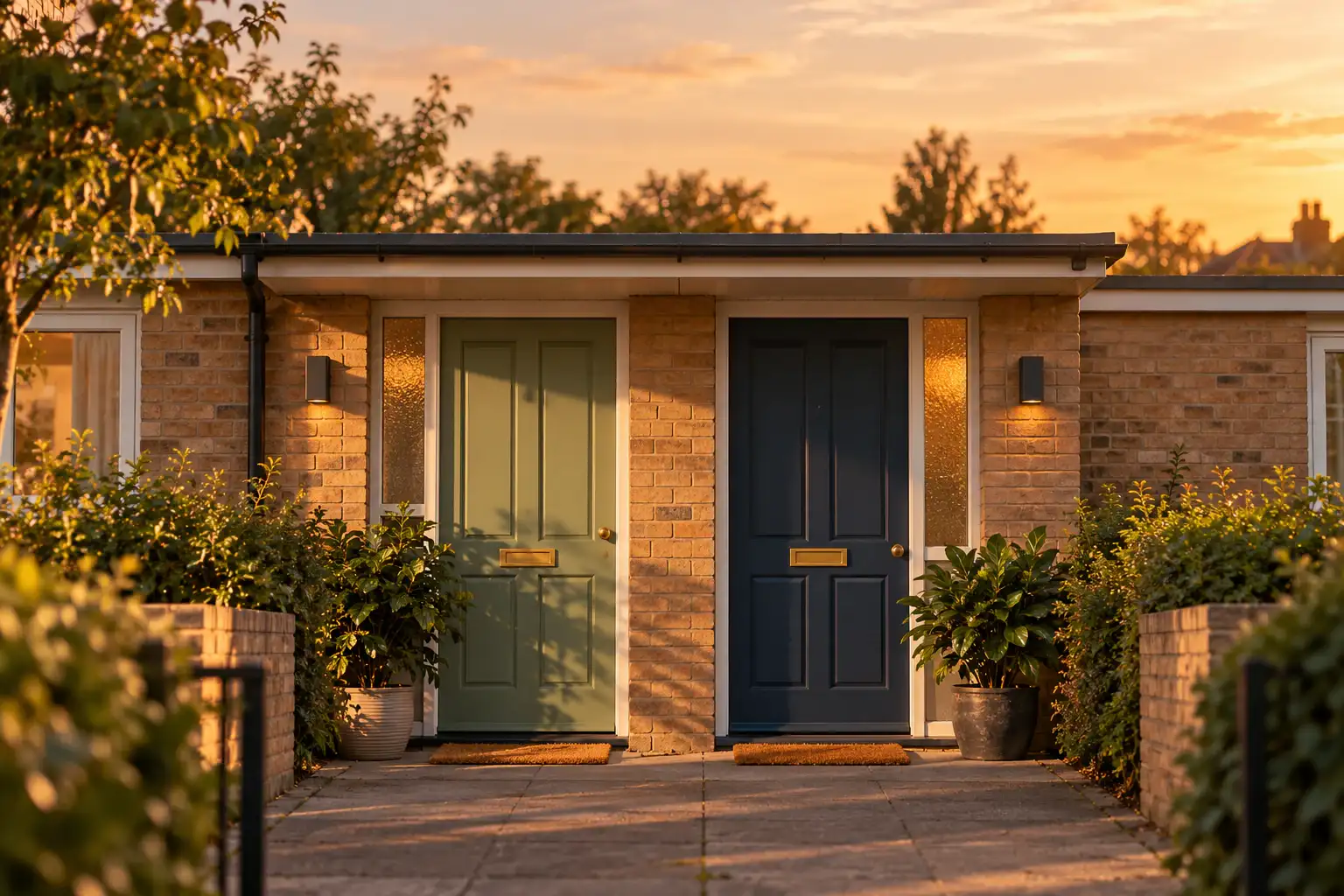 Two neighbouring front doors, one green and one navy, side by side in the evening sun.