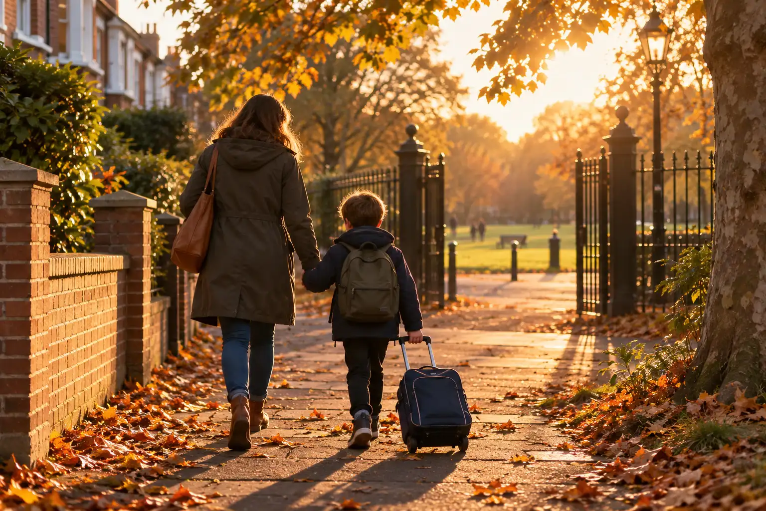 A parent and child seen from behind, walking along an autumn street with a small wheeled case.
