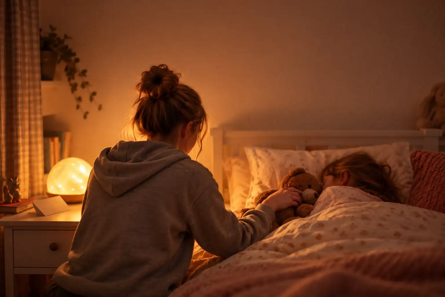 An adult seen from behind tucking a child into bed beside a glowing night light.