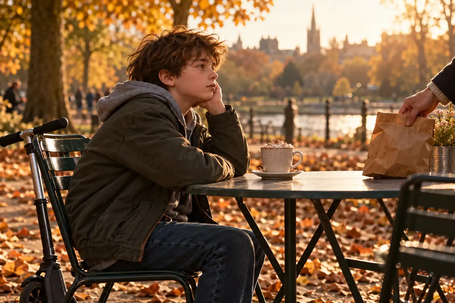 A boy at a park café table with a hot chocolate as an adult sets down a bag.