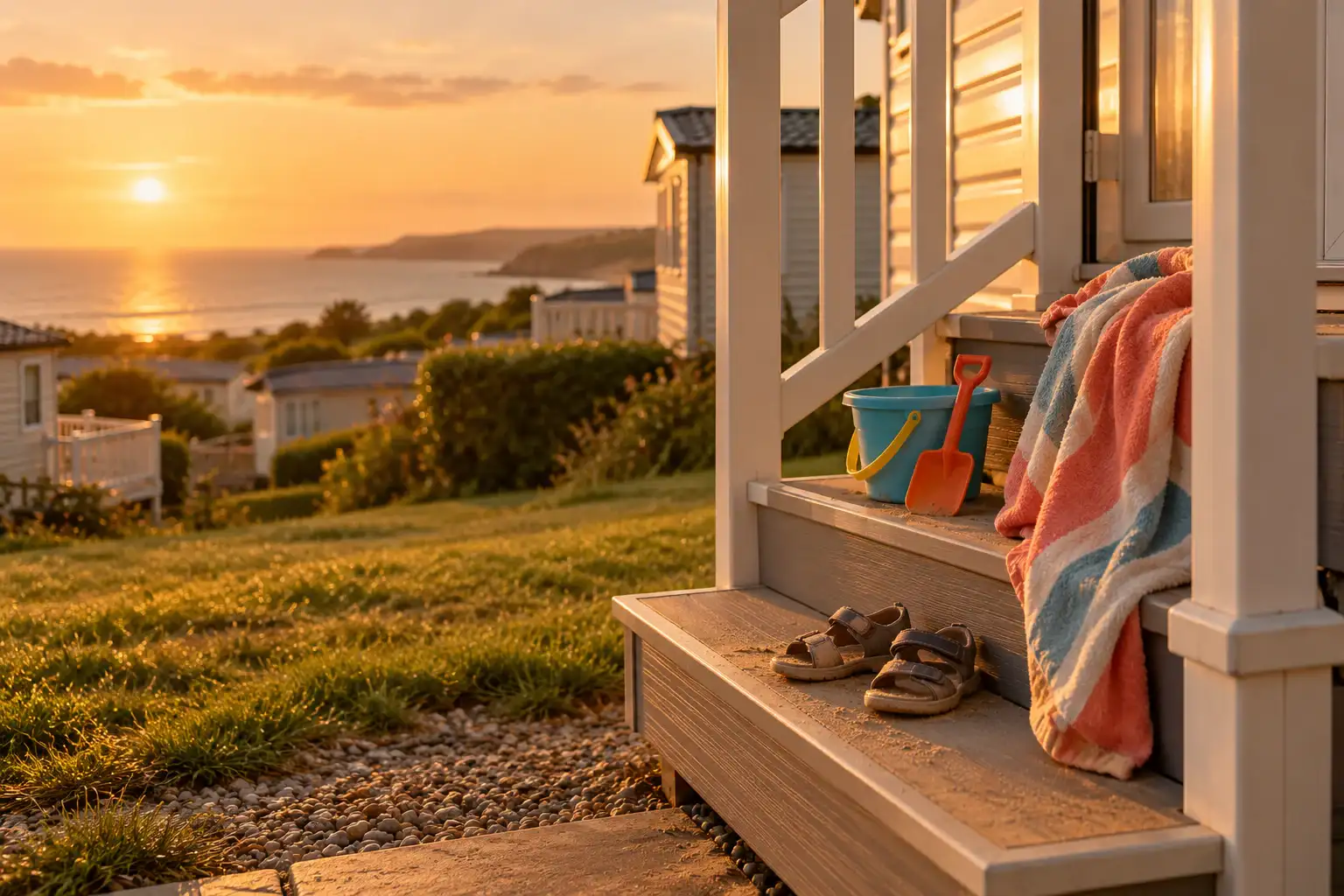 Children’s sandals, a bucket and spade and a towel on the steps of a seaside caravan at sunset.