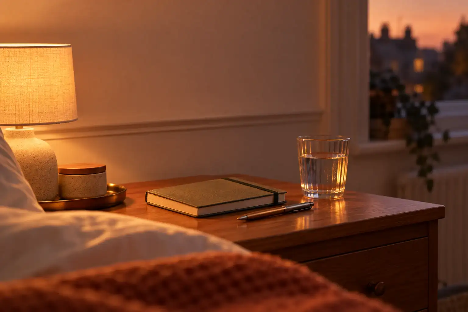 A closed notebook and pen on a bedside table beside a lamp and a glass of water.