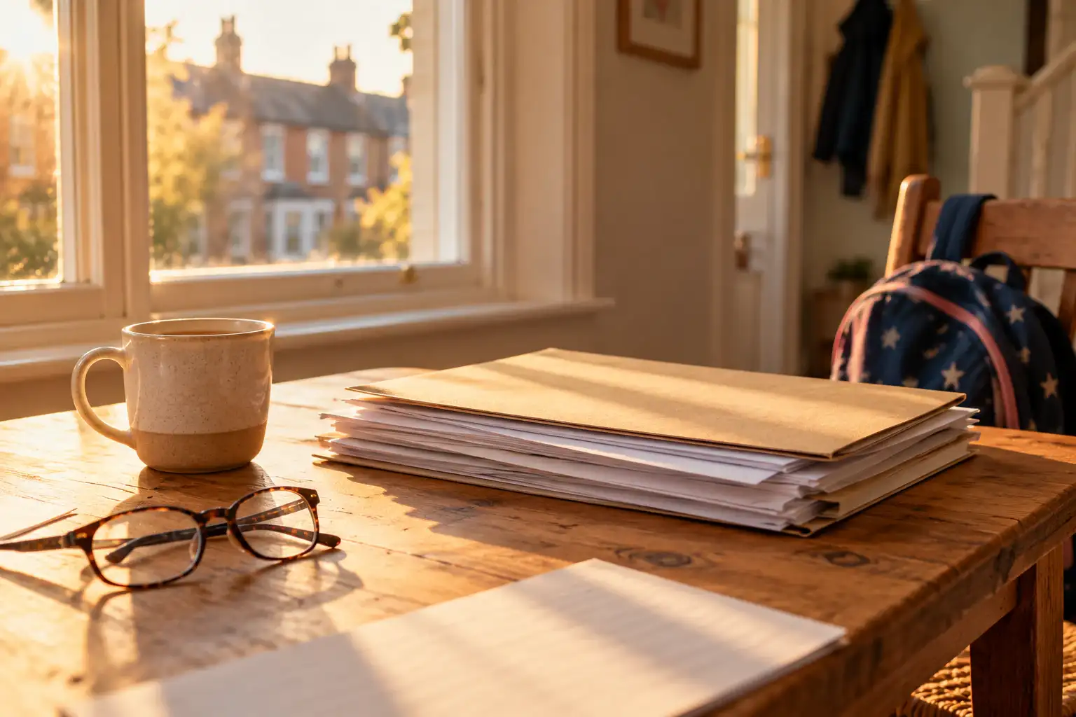 A neat stack of papers, a mug and a pair of glasses on a wooden table by a sunny window onto a terraced street.