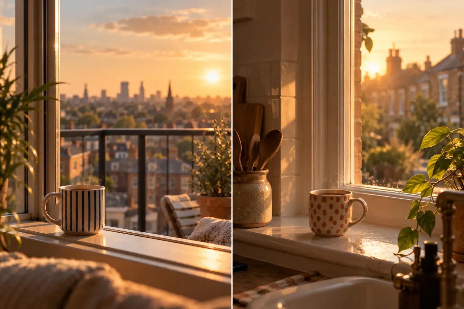 Two mugs on two sunny windowsills side by side, one by a city balcony and one by a terraced street.