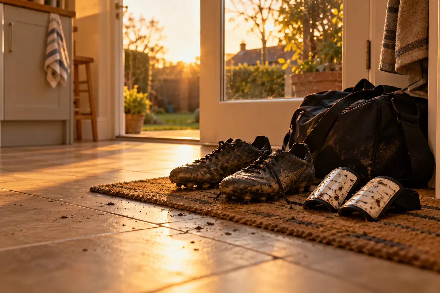 Muddy football boots, shin pads and a kit bag on a doormat in a sunny hallway.