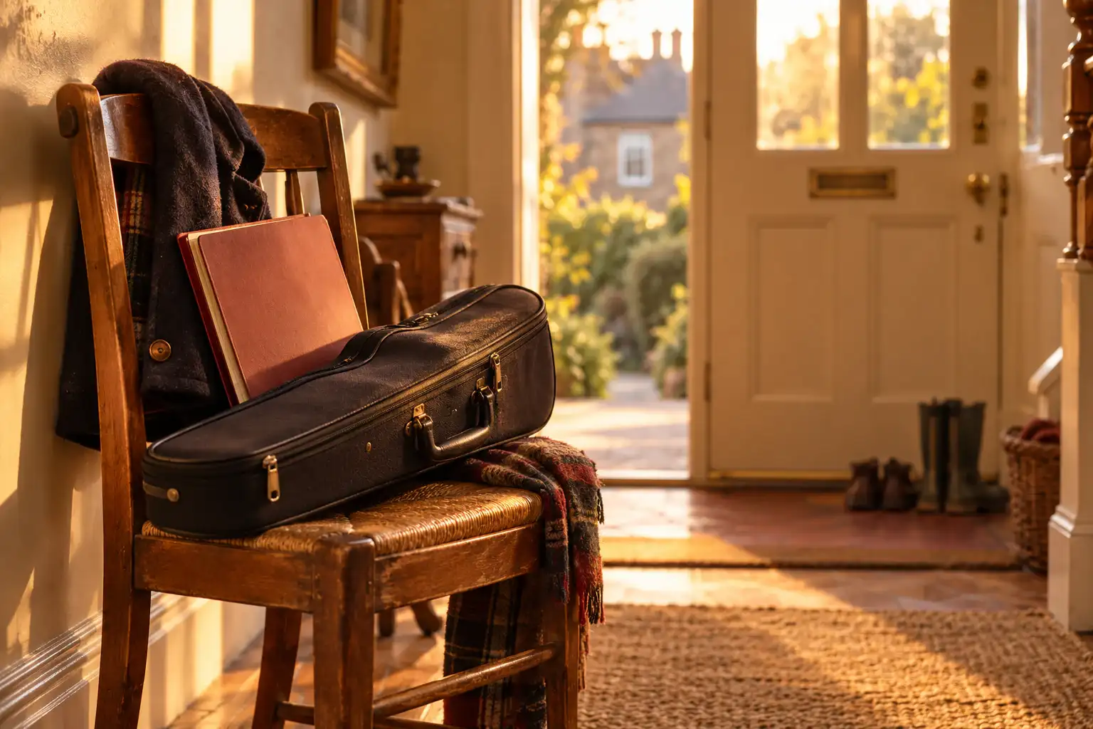 A violin case and a music book on a hallway chair, ready for a lesson.