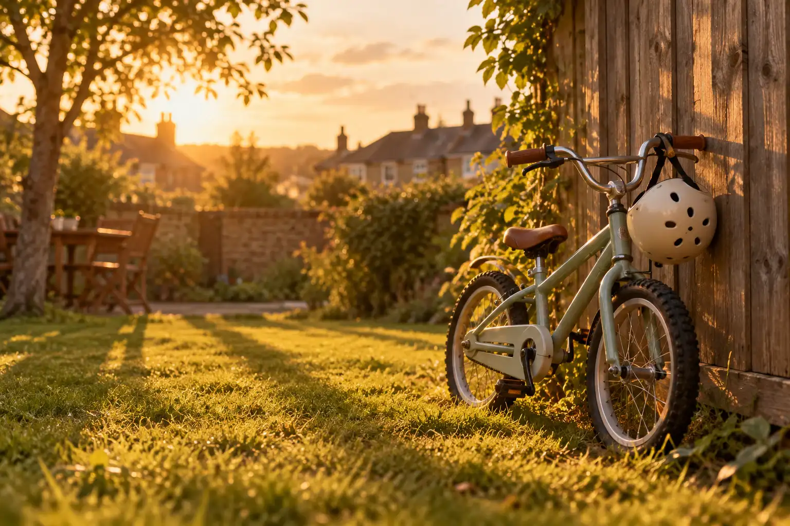 A child’s new bike and helmet leaning against a garden shed in the evening sun.