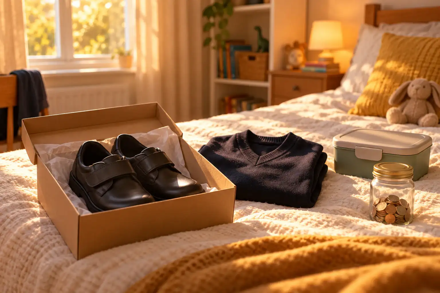New school shoes in a box, a folded jumper, a lunch box and a jar of coins laid out on a child’s bed.