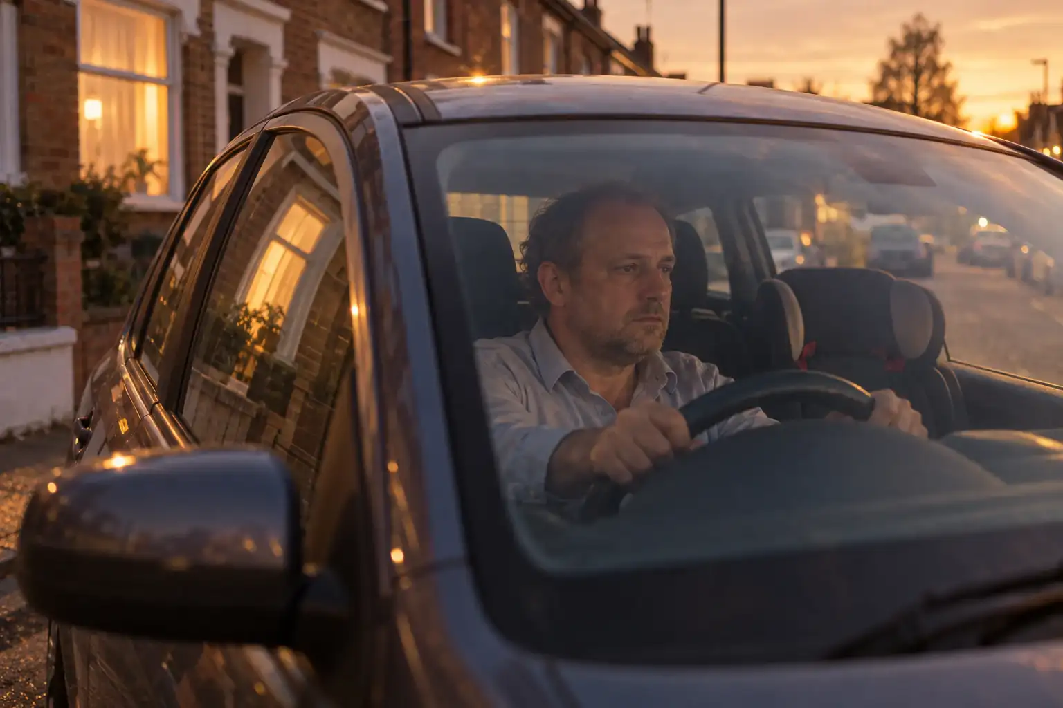 A father waiting in a parked car on a residential street in the evening light.