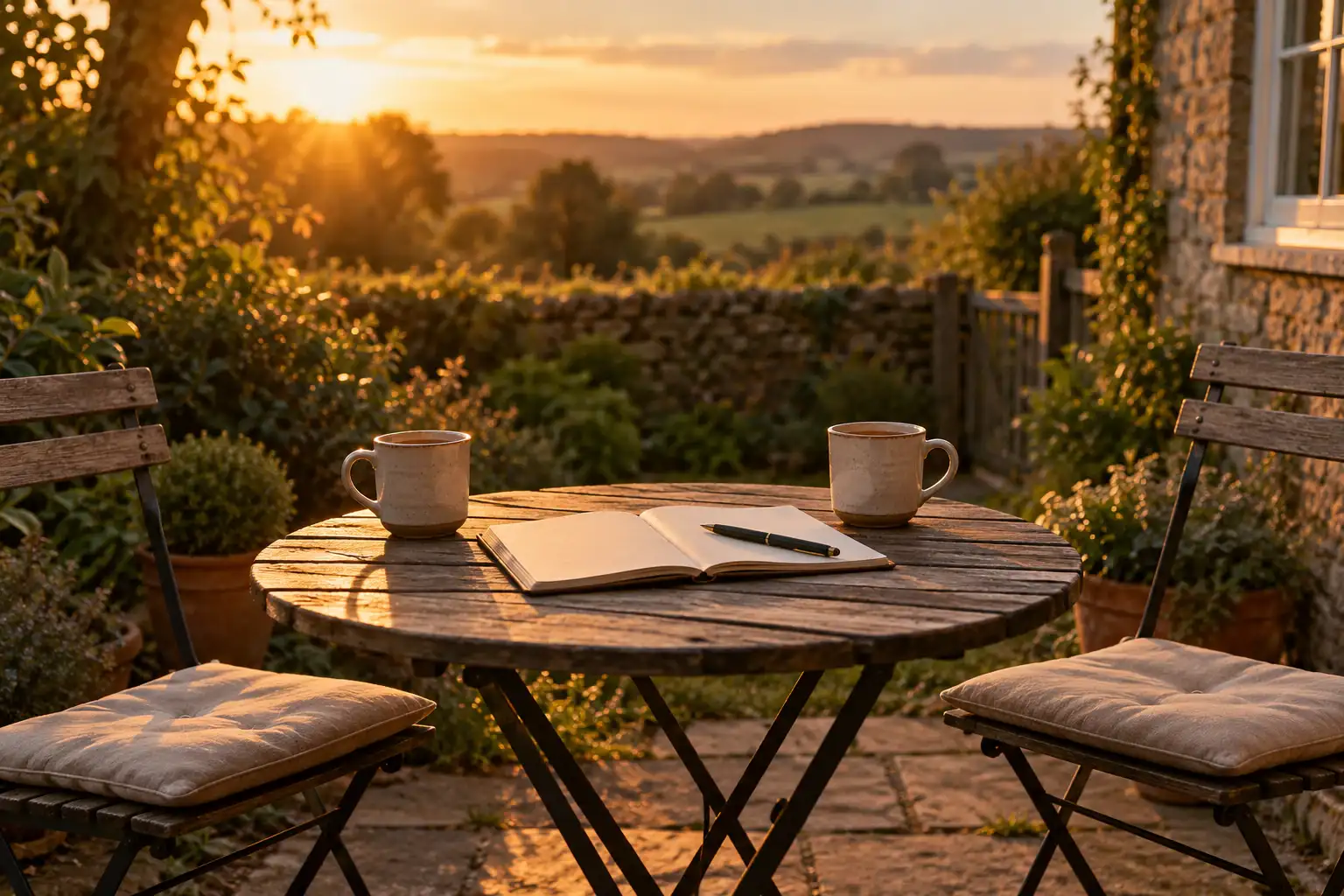 Two mugs and an open notebook on a garden table between two chairs, at sunset.