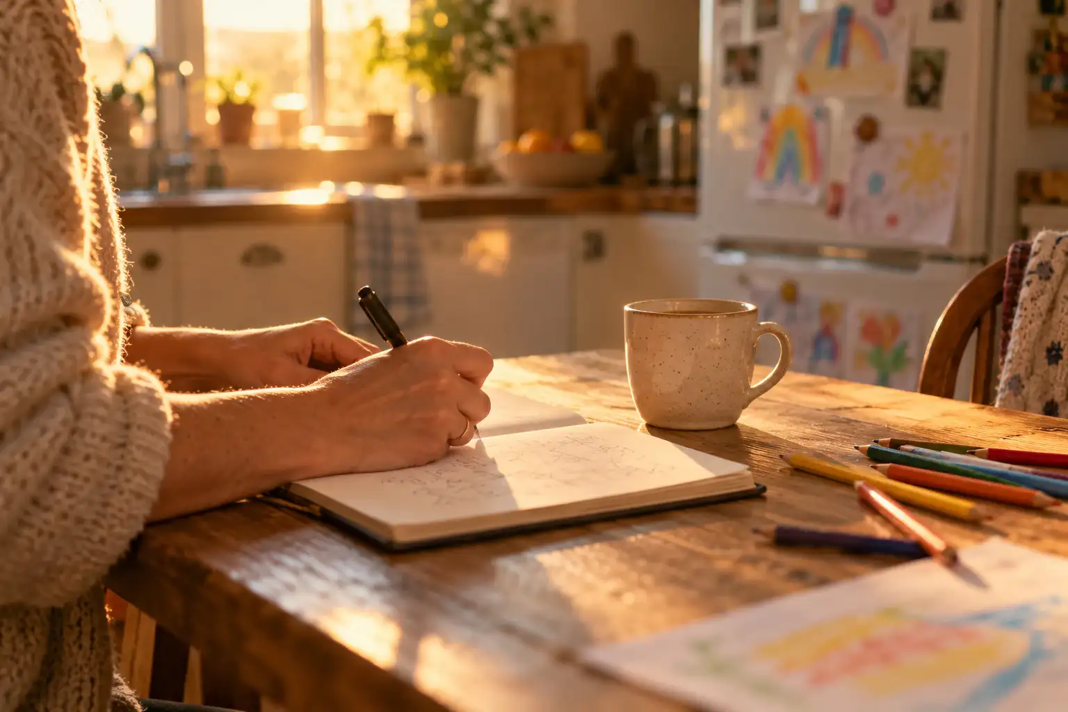A parent writing in a notebook at a sunlit kitchen table, beside a mug, coloured pencils and a child’s drawing.