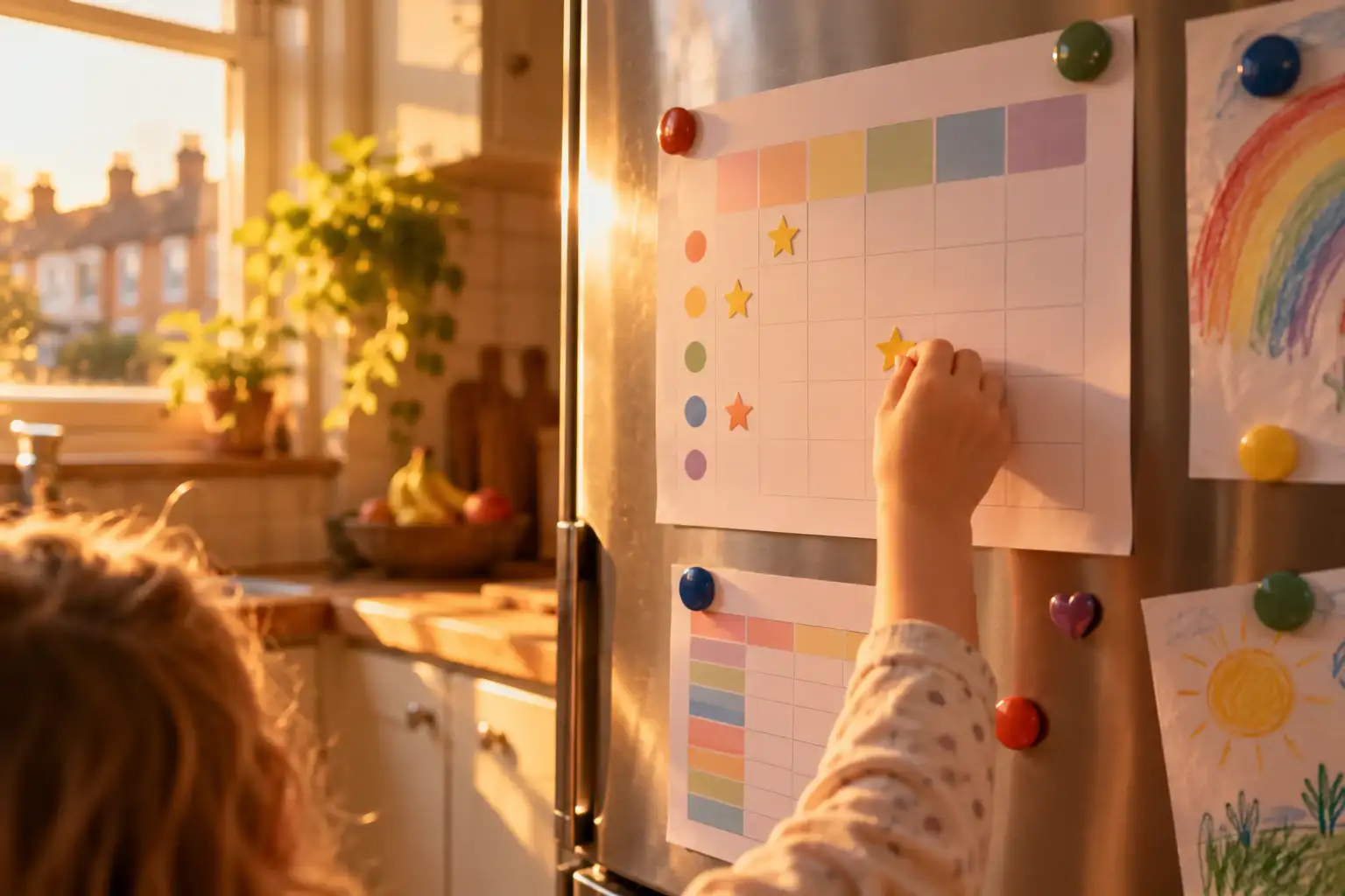 A child’s hand placing a star sticker on a printed chart pinned to a fridge, beside children’s drawings.
