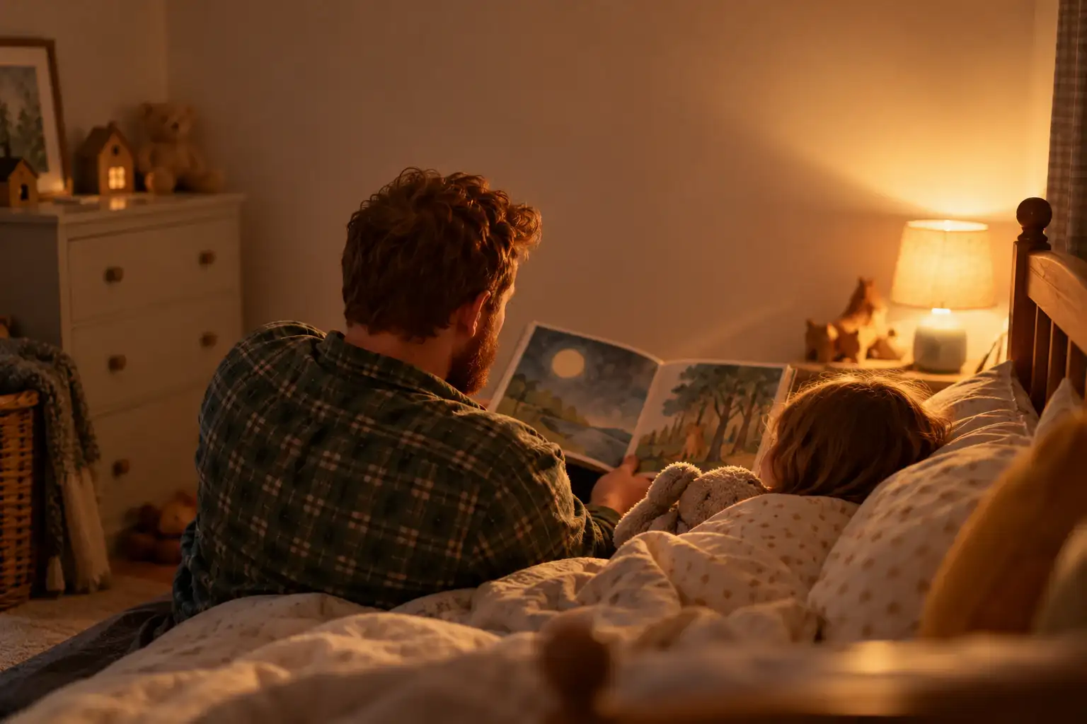 A parent reading a picture book to a child tucked up in bed, both seen from behind.