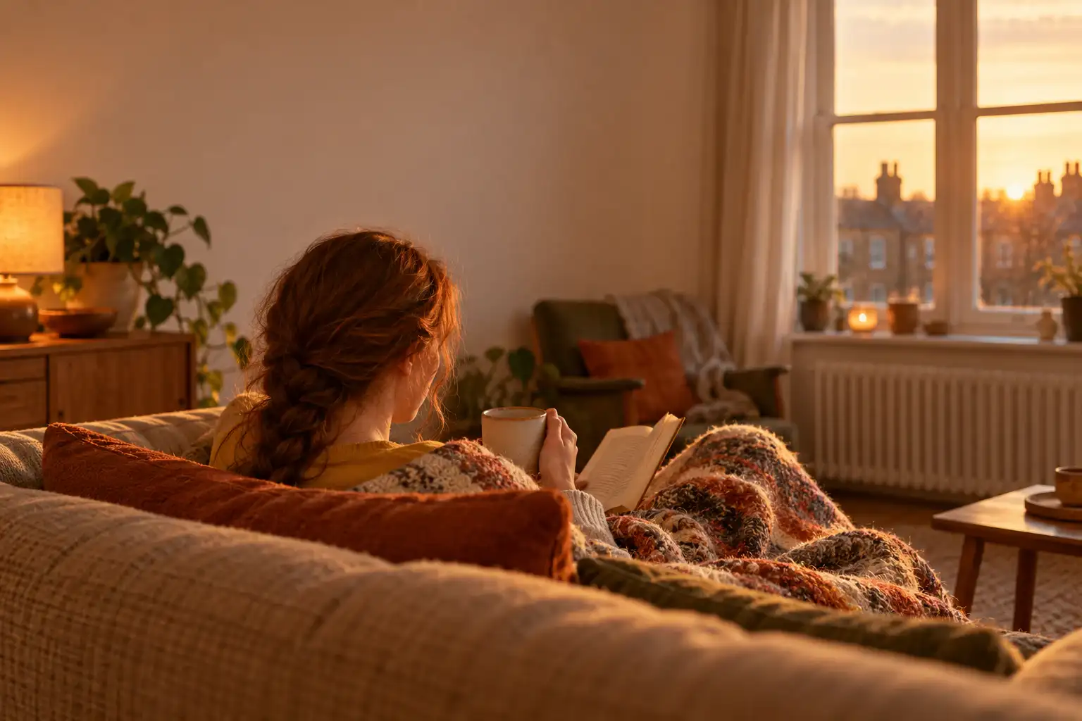 A parent seen from behind reading on a sofa with a mug, by a window at dusk.