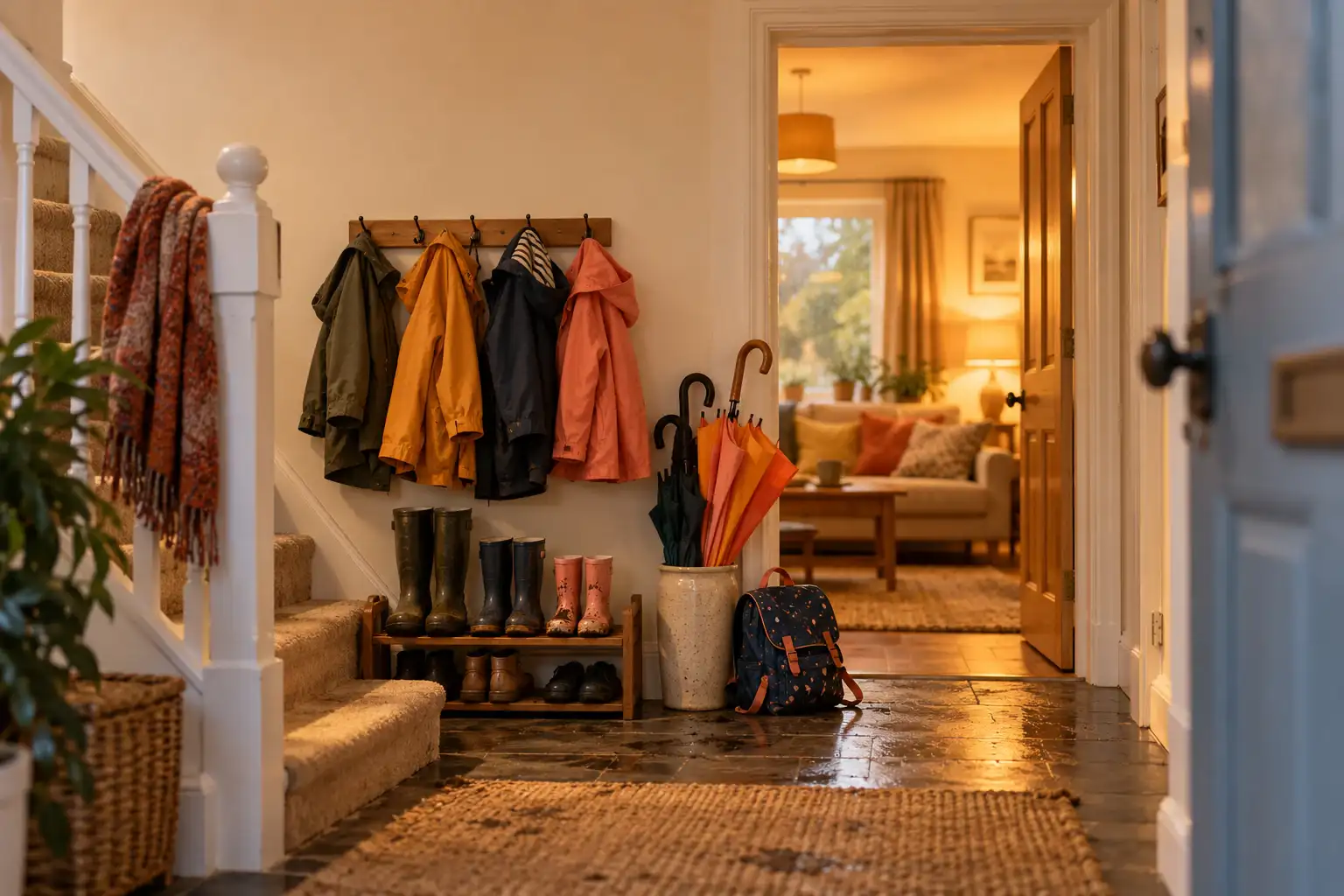 A family hallway with coats on pegs, wellies, umbrellas and a school bag by the stairs.