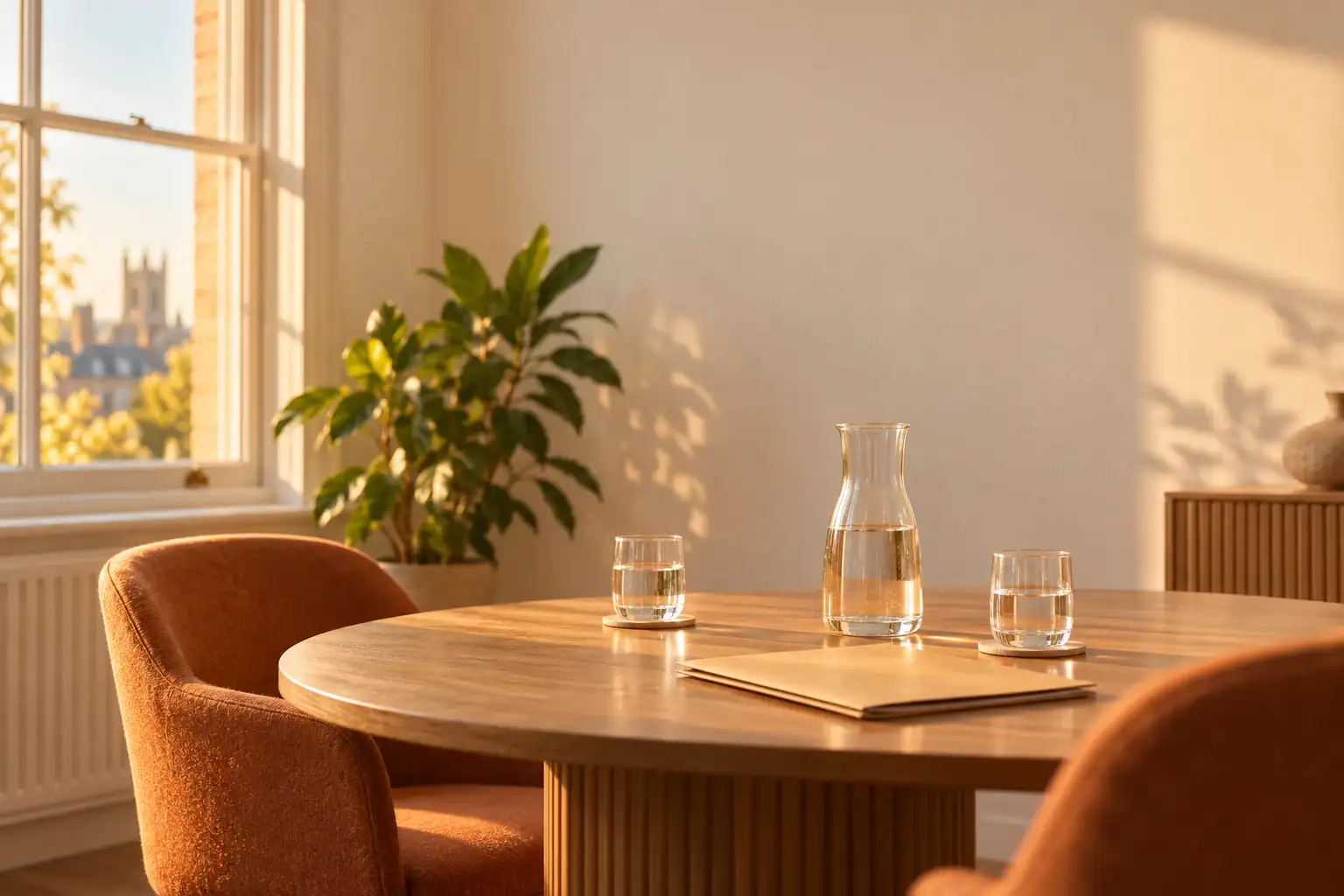 A round table set with a folder, a water jug and two glasses in a calm, sunlit room.