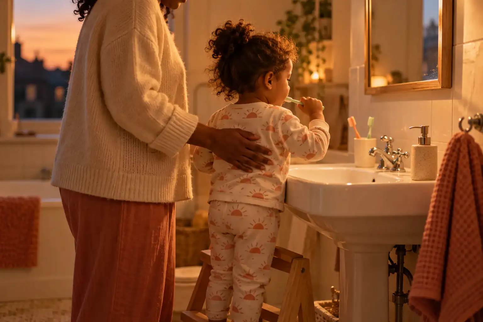 A parent with a hand on the back of a small child brushing their teeth at a bathroom sink.