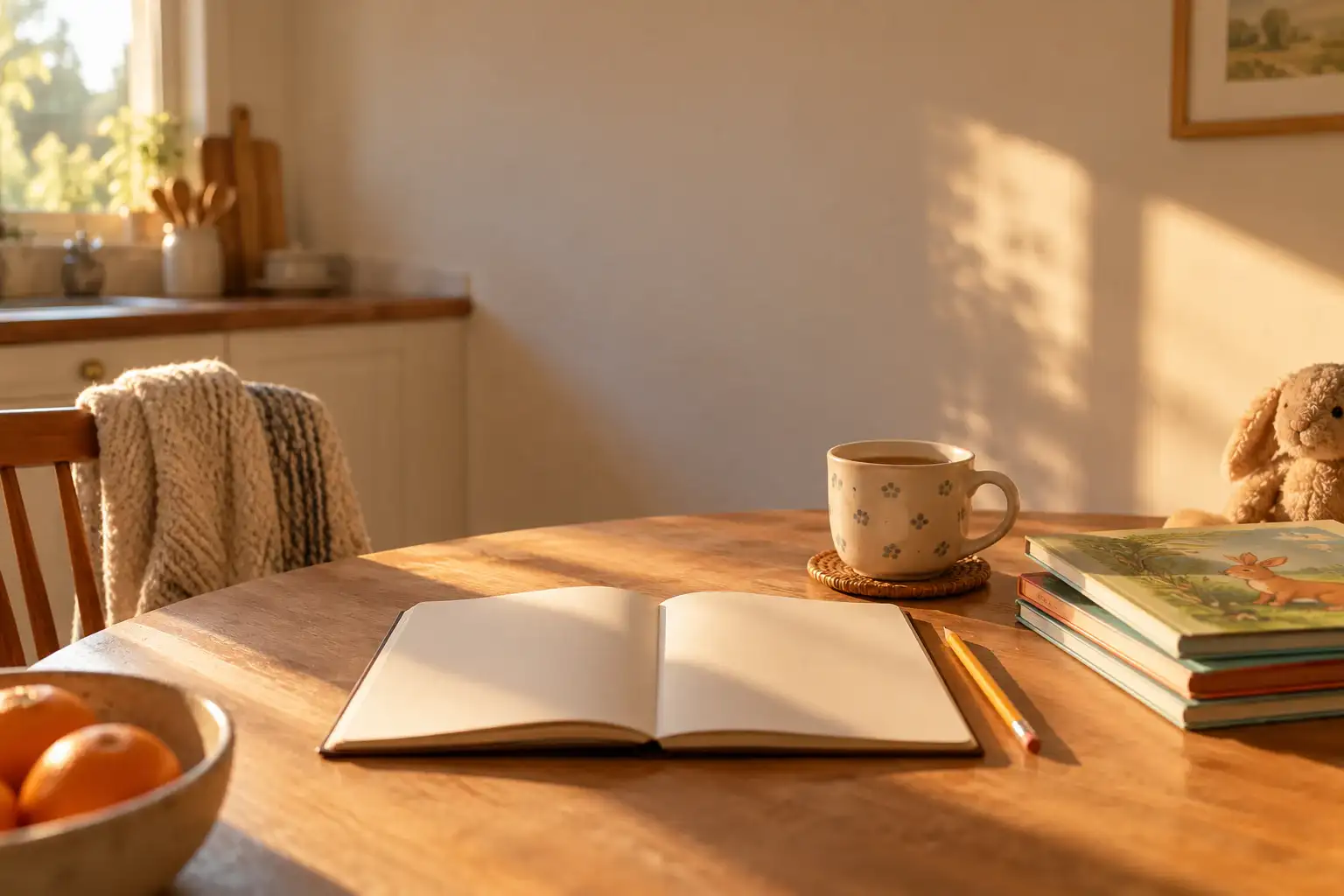 A new open notebook, a pencil, a mug and children’s books on a sunlit kitchen table.