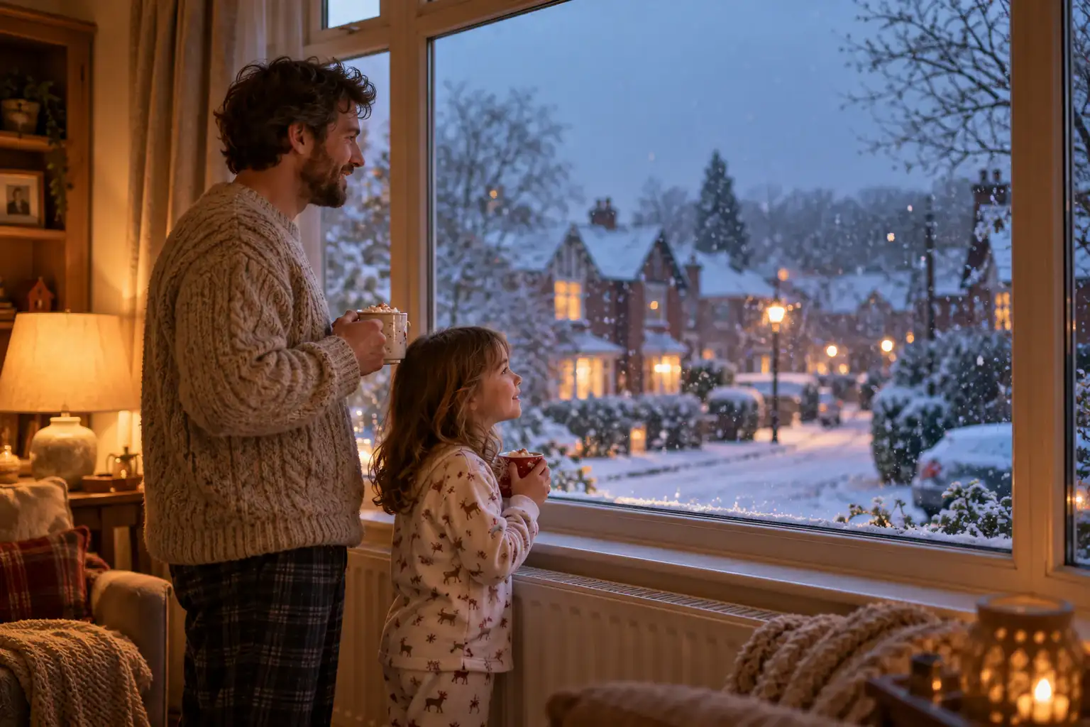 A parent and a small child in pyjamas with warm drinks, watching snow fall on the street outside.