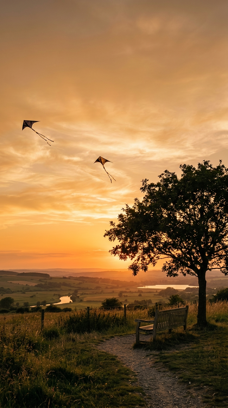A bench under a tree at golden hour, two kites flying over the valley