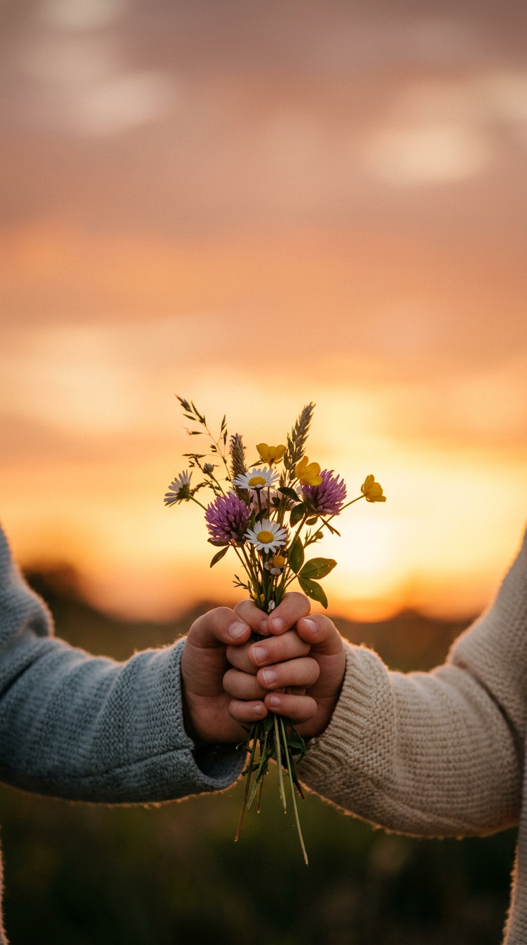 A parent's hand and a child's hand holding a small bunch of wildflowers at golden hour