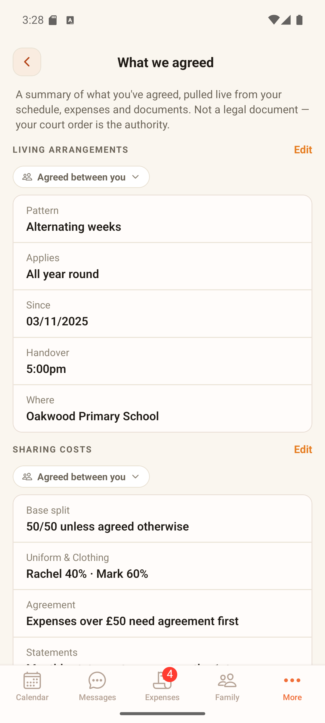 ParentGlow 'What we agreed' screen — a live summary of the agreed living arrangements (alternating weeks, a 5pm handover at Oakwood Primary) and how the costs are split, each item marked 'agreed between you'.