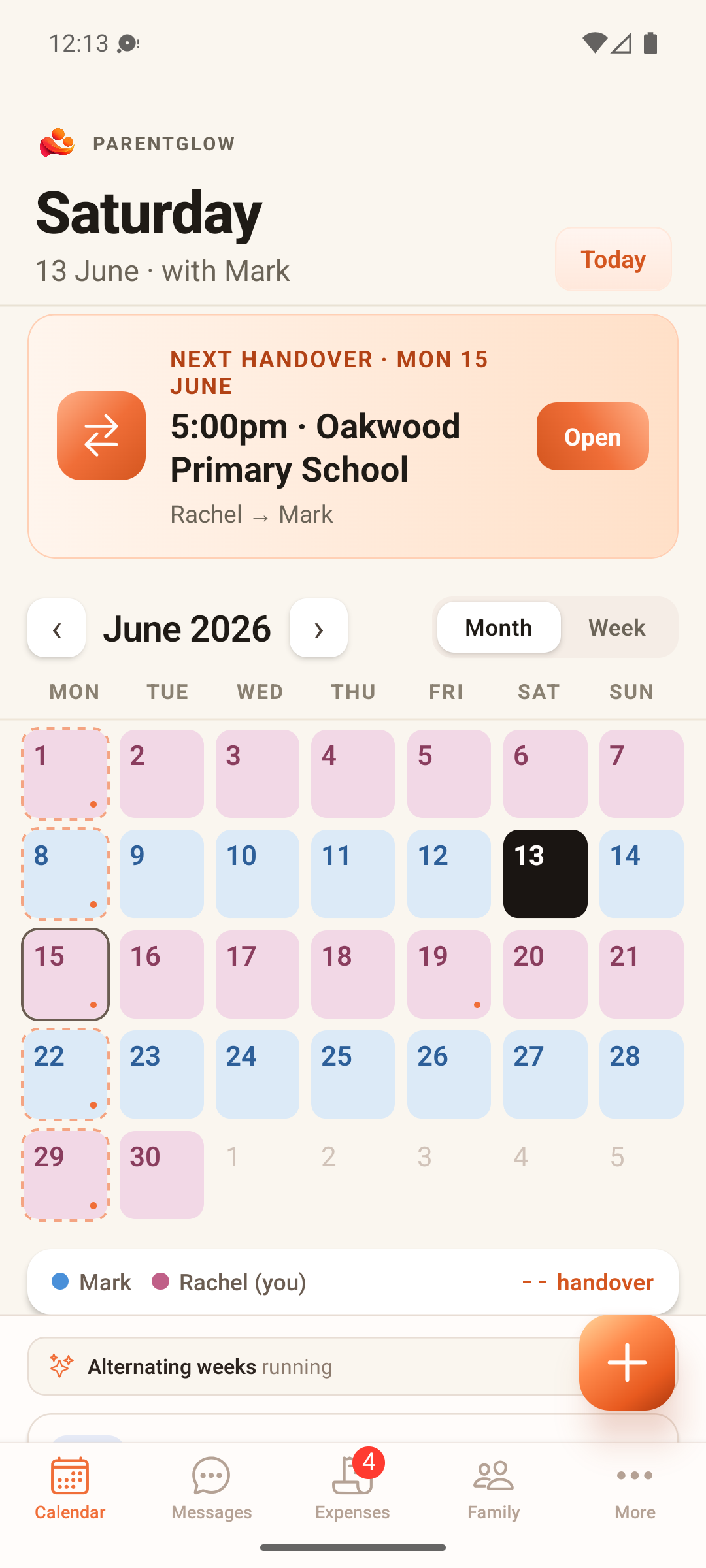 ParentGlow calendar showing colour-coded parenting time for June 2026 and the next handover card