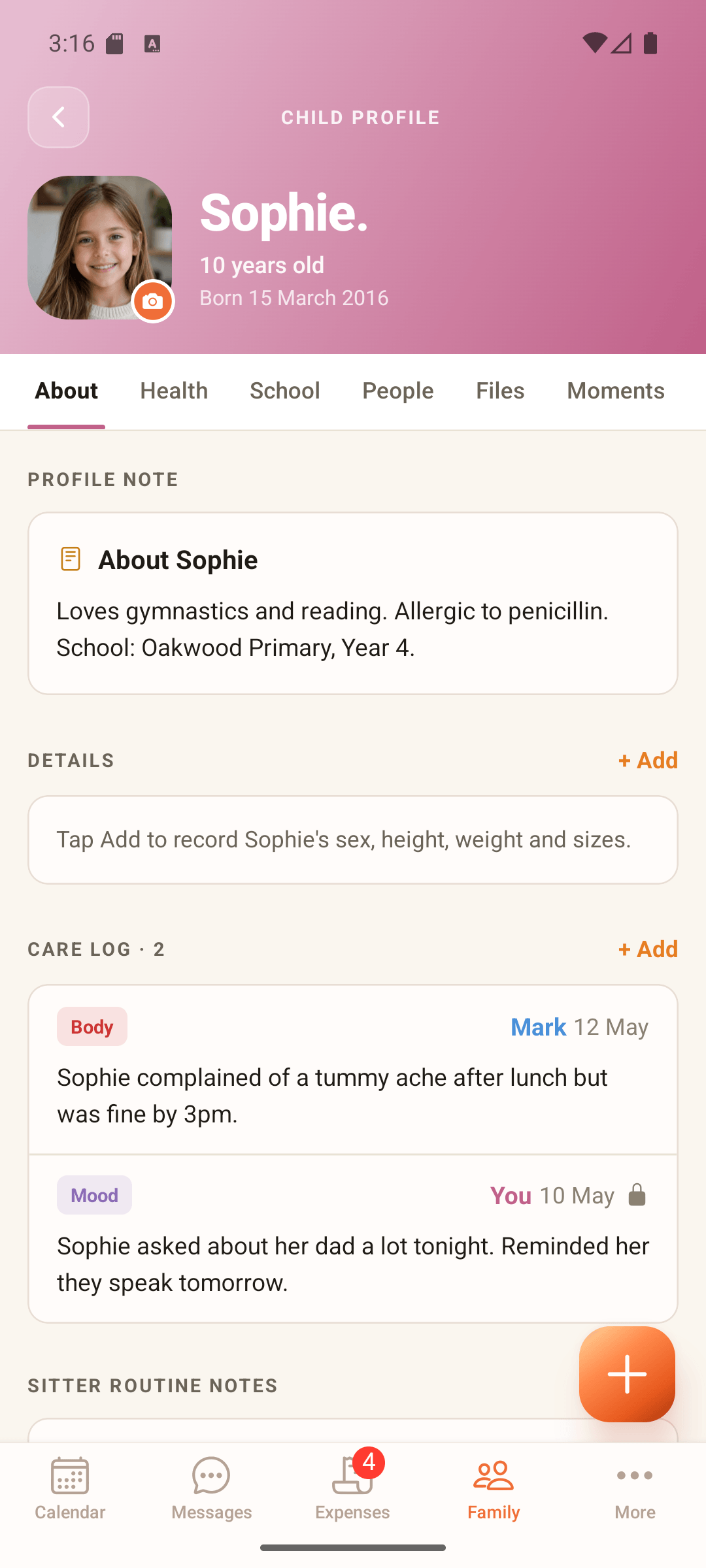ParentGlow child profile for Sophie, age 10 — About, Health, School, People, Files and Moments tabs, with sitter routine notes and documents.