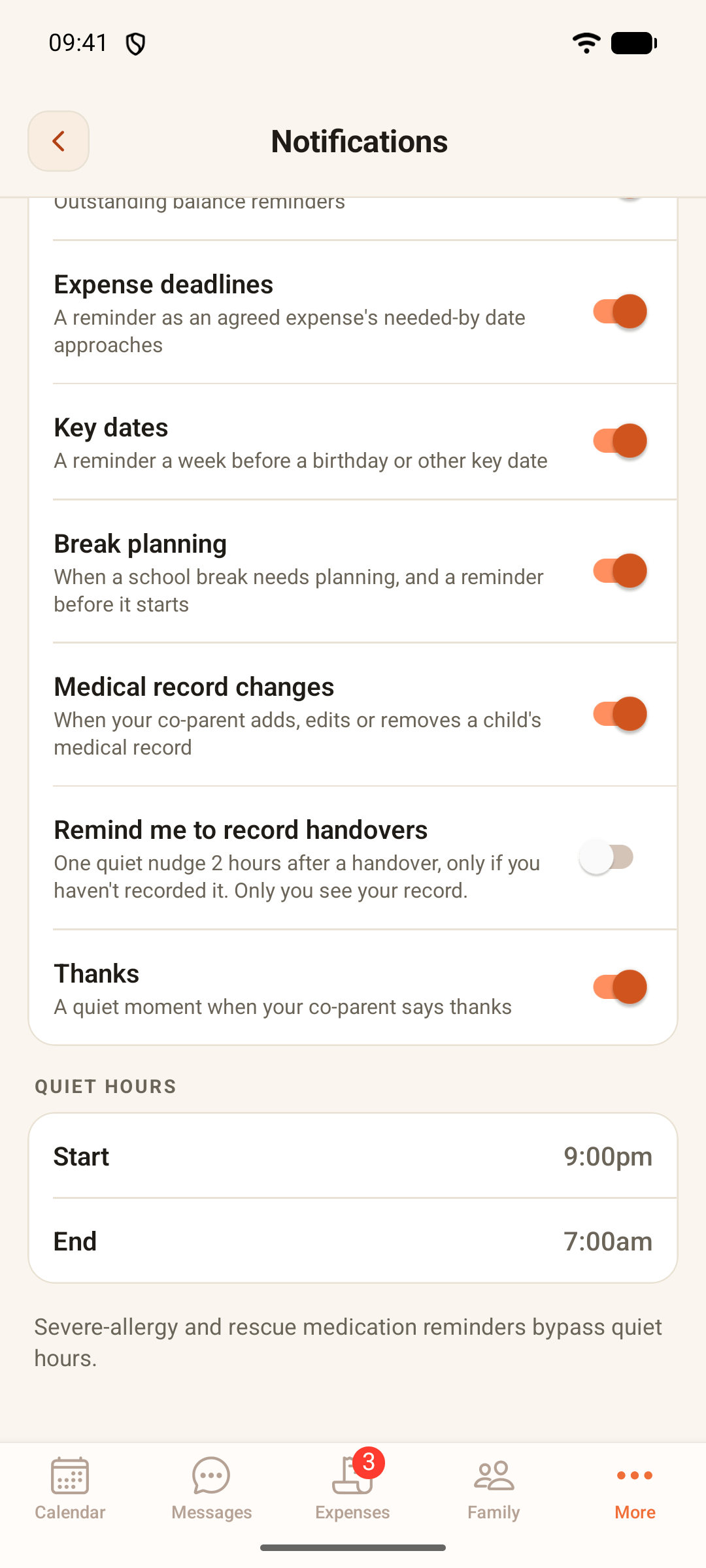 ParentGlow's Notifications screen with quiet hours set from 9:00pm to 7:00am, the notification categories above them, from expense deadlines and key dates to break planning, medical record changes and thanks, and the note that severe-allergy and rescue medication reminders bypass quiet hours.