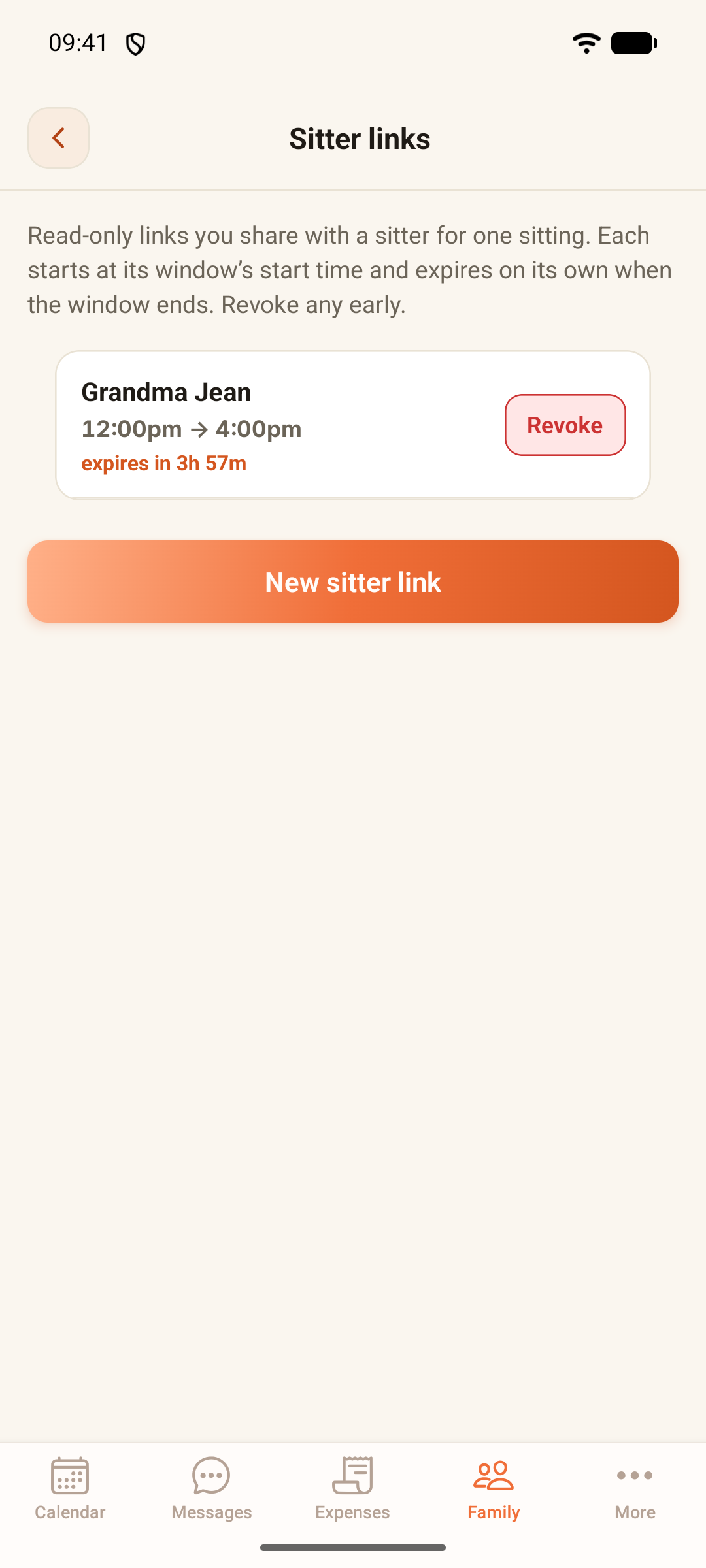 ParentGlow's Sitter links screen with one live link for Grandma Jean, running 12:00pm to 4:00pm and expiring in 3 hours 57 minutes, with a Revoke button beside it and a New sitter link button below.