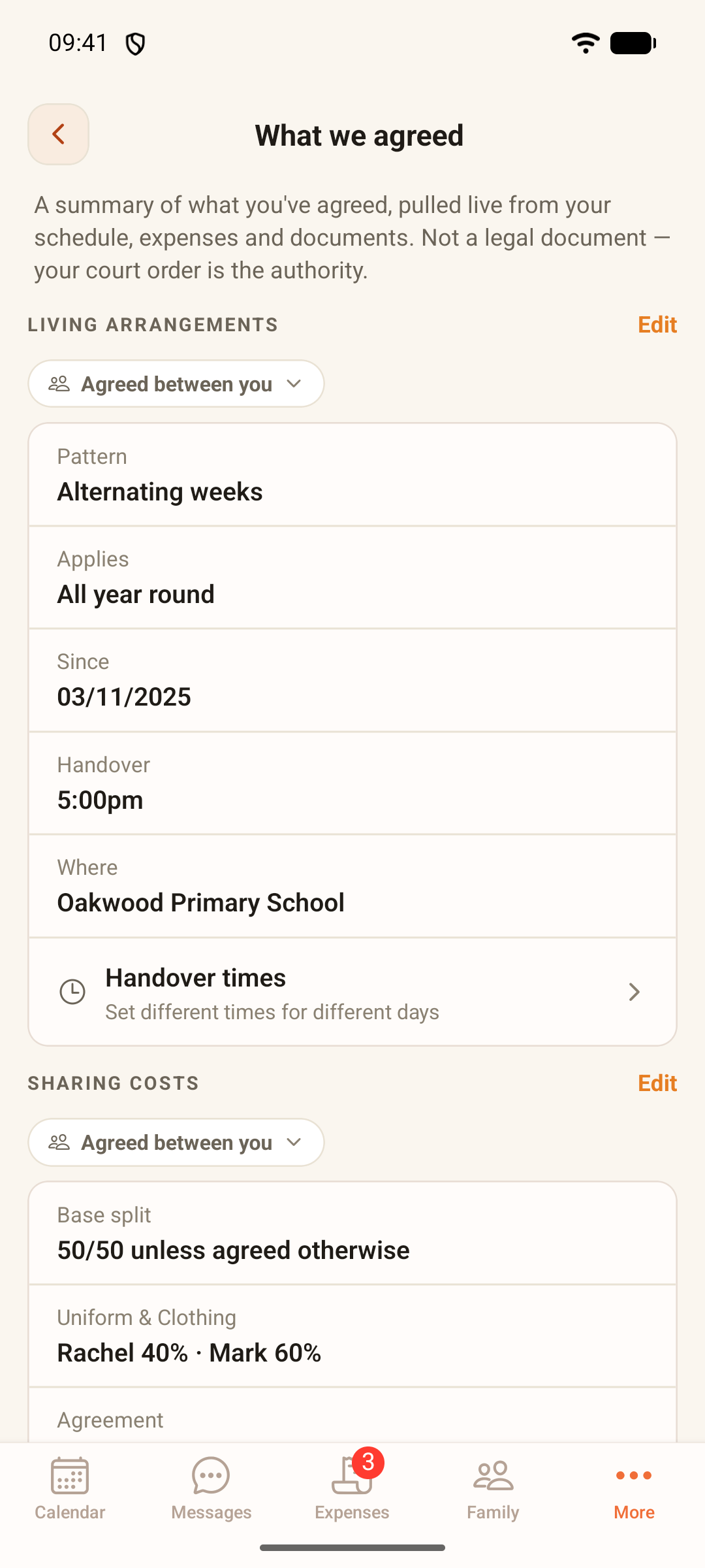 ParentGlow What we agreed screen: alternating weeks all year round since November 2025, a 5:00pm handover at Oakwood Primary School, a 50/50 base split and a 40/60 split for uniform and clothing.