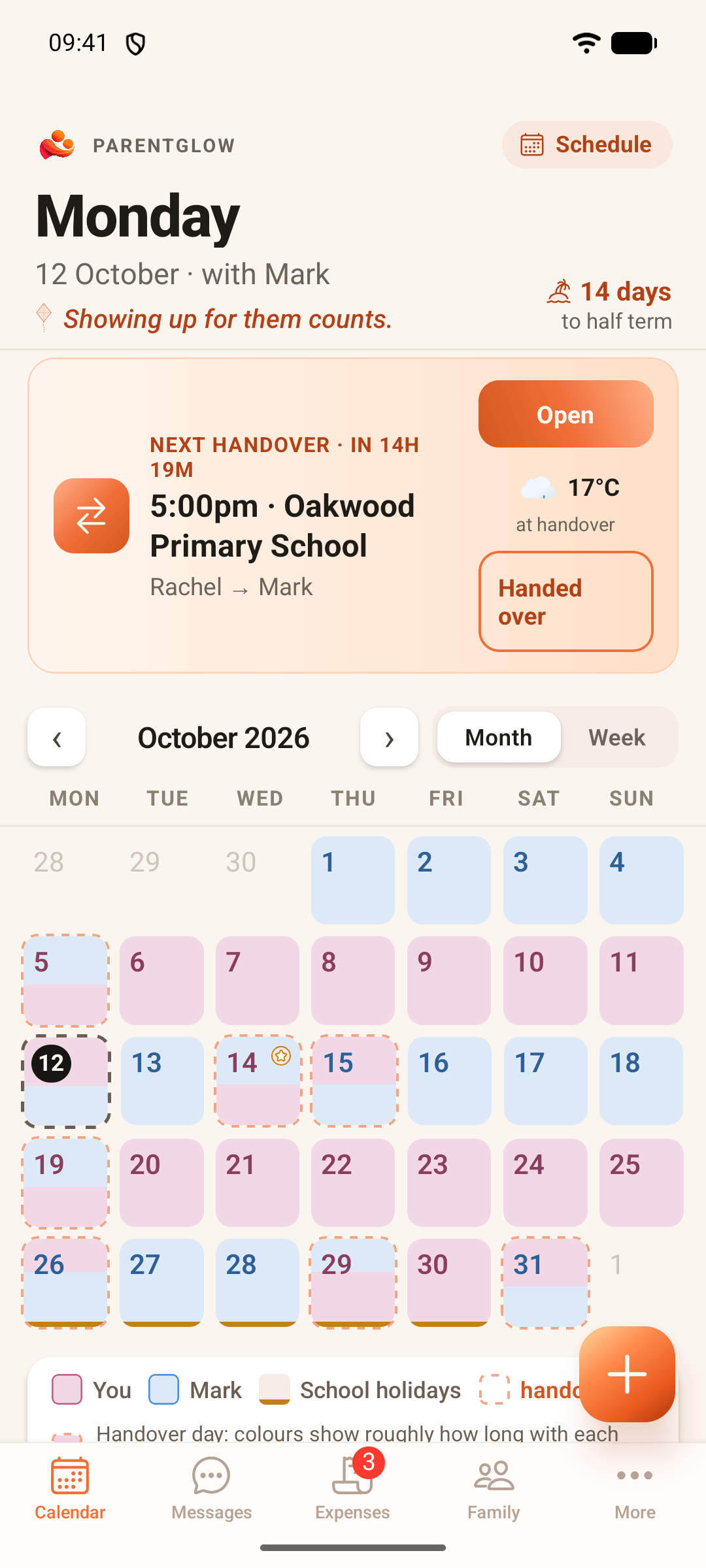 ParentGlow calendar for October 2026, colour-coded by parent, with the next handover at 5:00pm at Oakwood Primary School, the weather for it, 14 days to half term and school holidays marked.