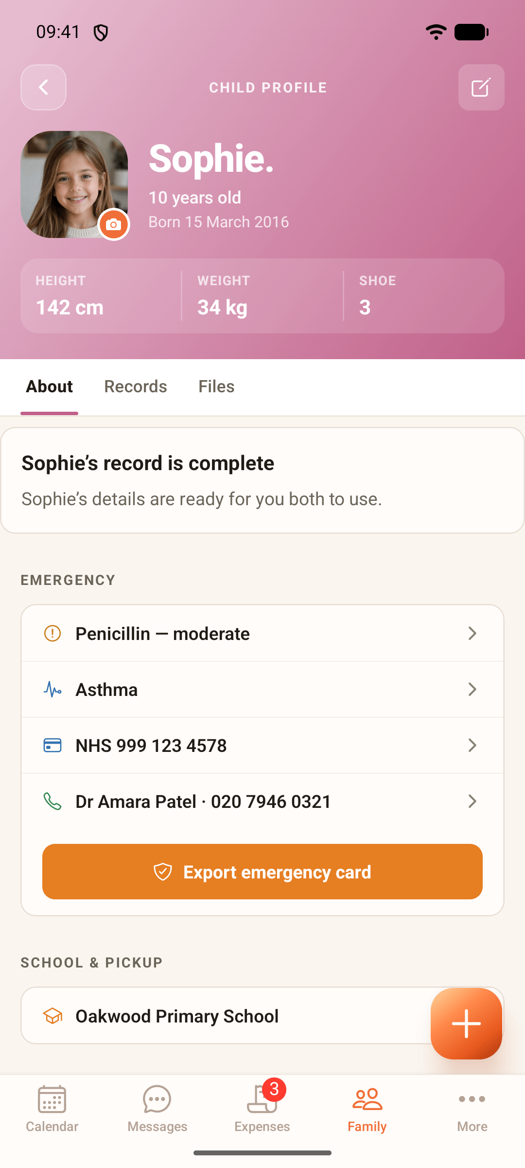 ParentGlow child profile for Sophie, 10: height, weight and shoe size, a penicillin allergy and asthma in the emergency section with her GP, an Export emergency card button, and Oakwood Primary School.
