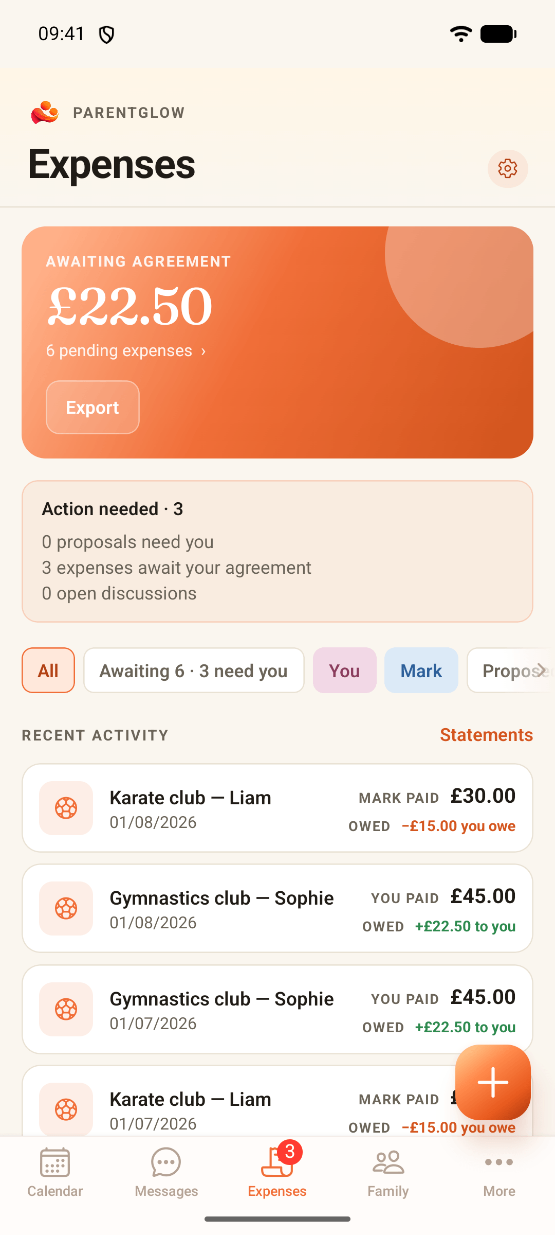 ParentGlow expenses showing £22.50 awaiting agreement across six pending expenses, an Action needed card, and karate and gymnastics club costs with who paid and what each parent owes.