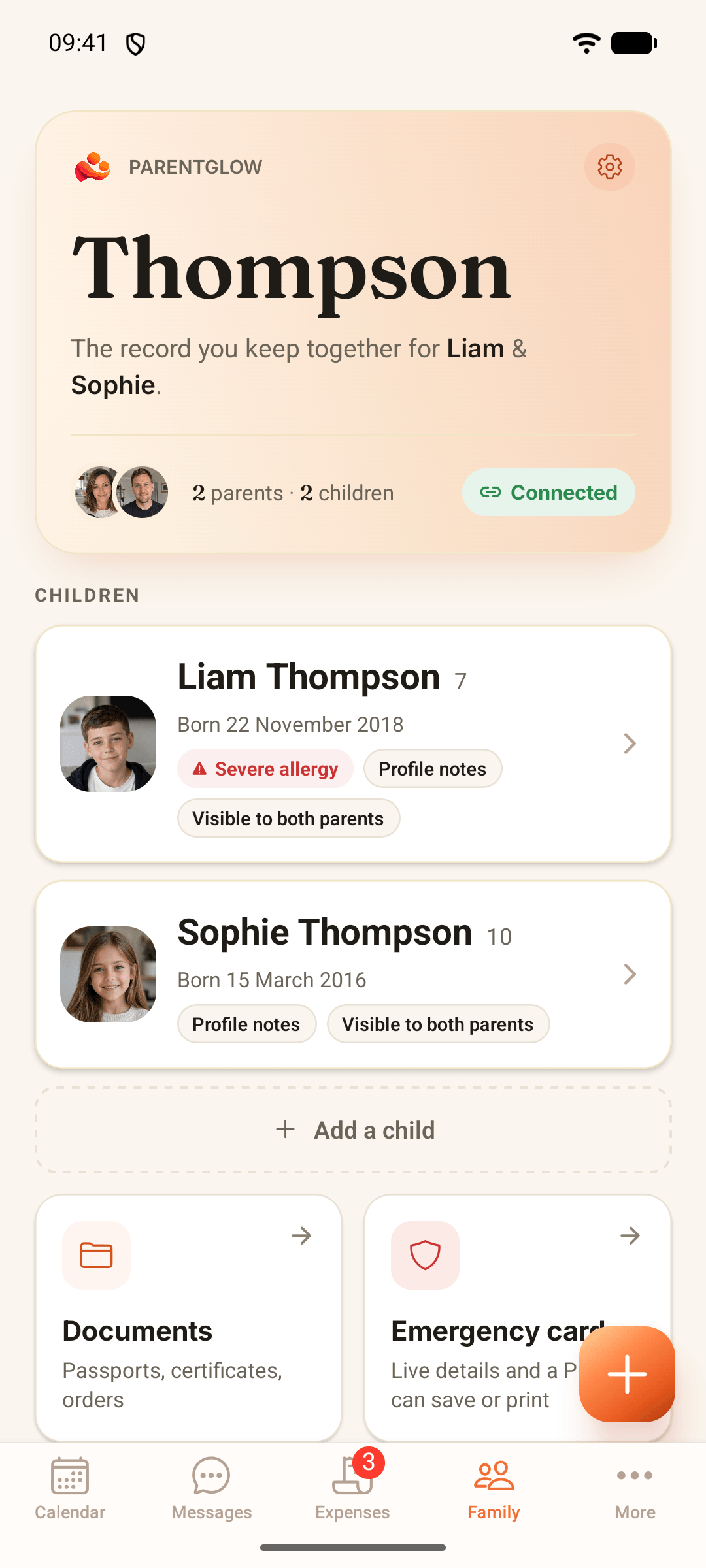 ParentGlow family hub for the Thompsons: Liam, 7, and Sophie, 10, with Documents and Emergency card.