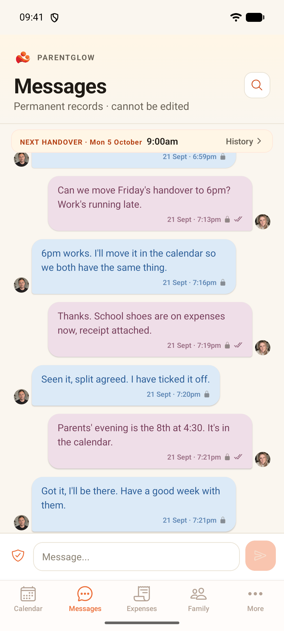 ParentGlow messages thread between Rachel and Mark Thompson about a handover time, school shoes and parents’ evening, with the Tone Guard shield beside the composer.